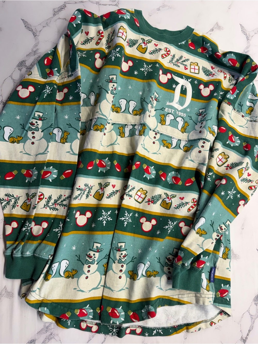 Disneyland Green & Cream Holiday Snowman Mickey Spirit Jersey Top - Picture 2 of 2